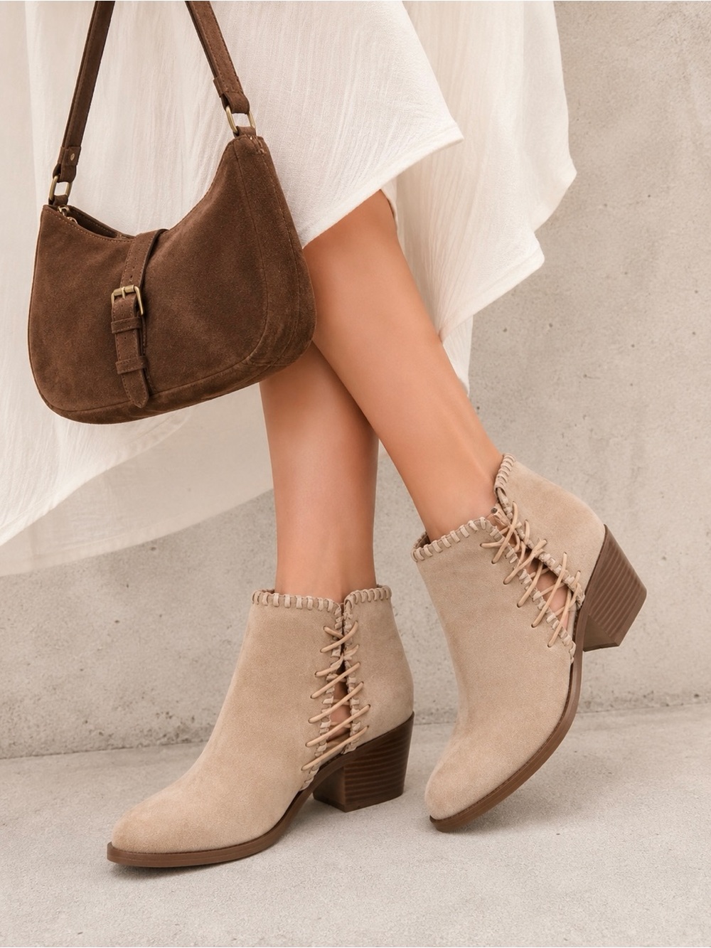 Ankle boots booties side stitch beige tan open slip on block heel leather cutout